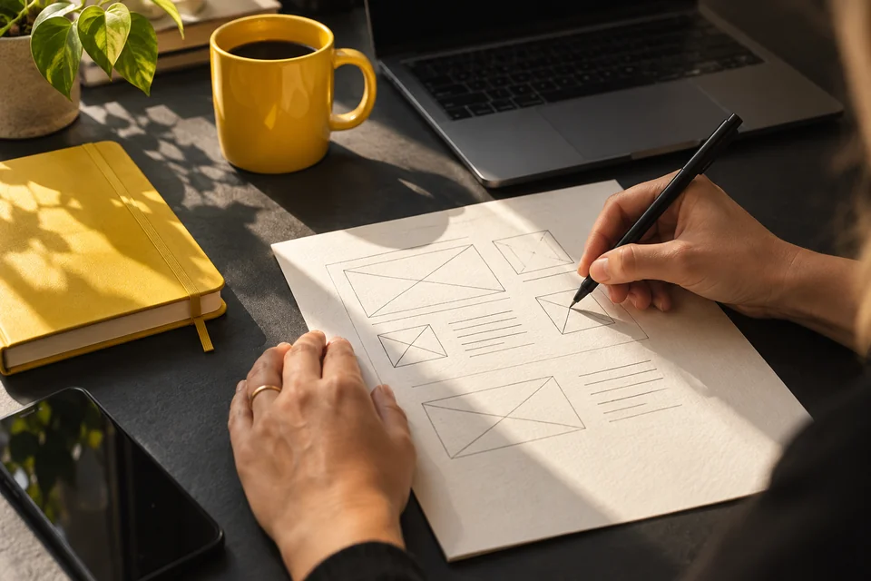 Planejamento de uma solução em papel sobre uma mesa de trabalho.