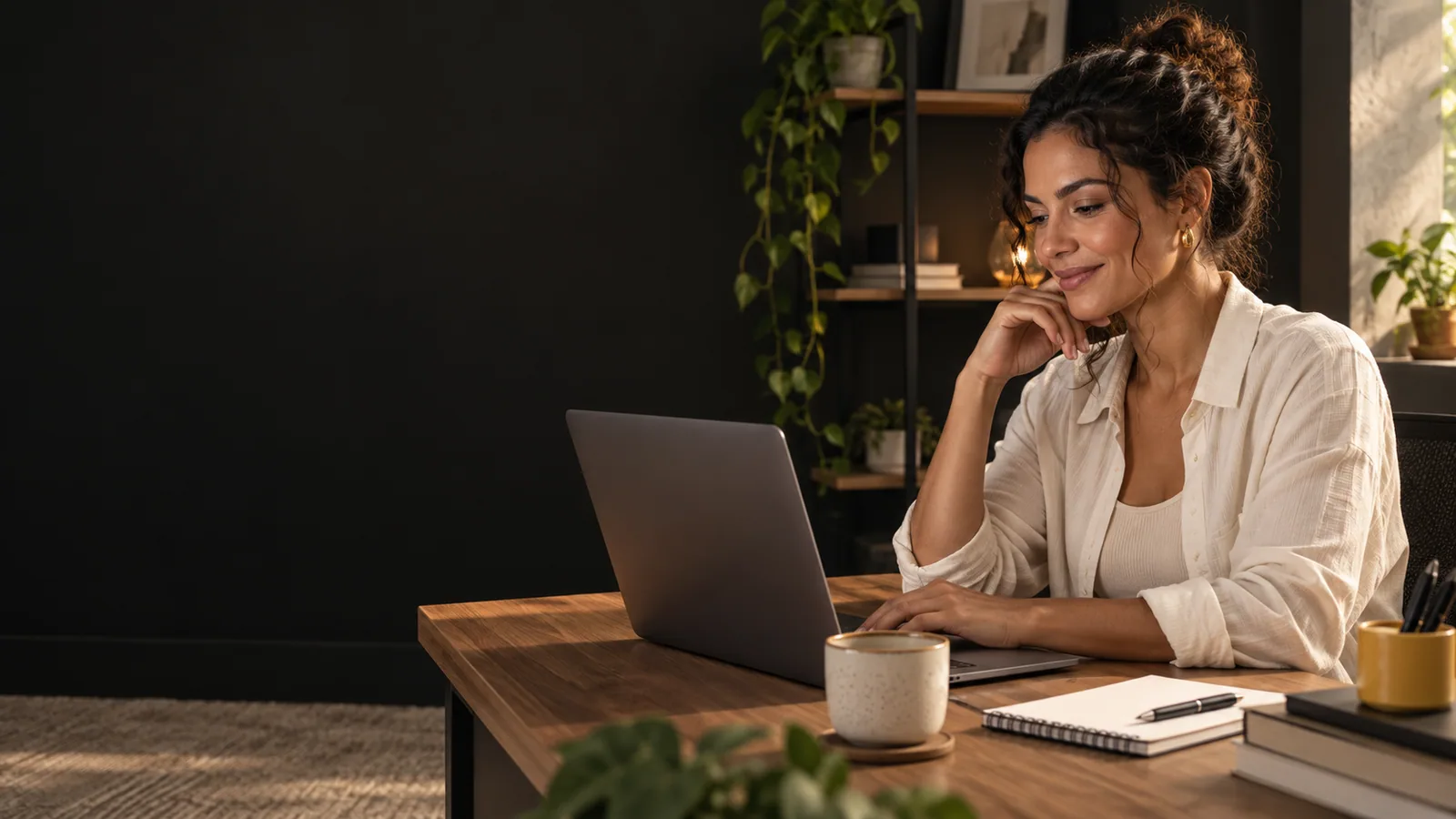 Cena ilustrativa criada para a Engsites: empreendedora acompanhando o trabalho no notebook em um escritório com luz natural.
