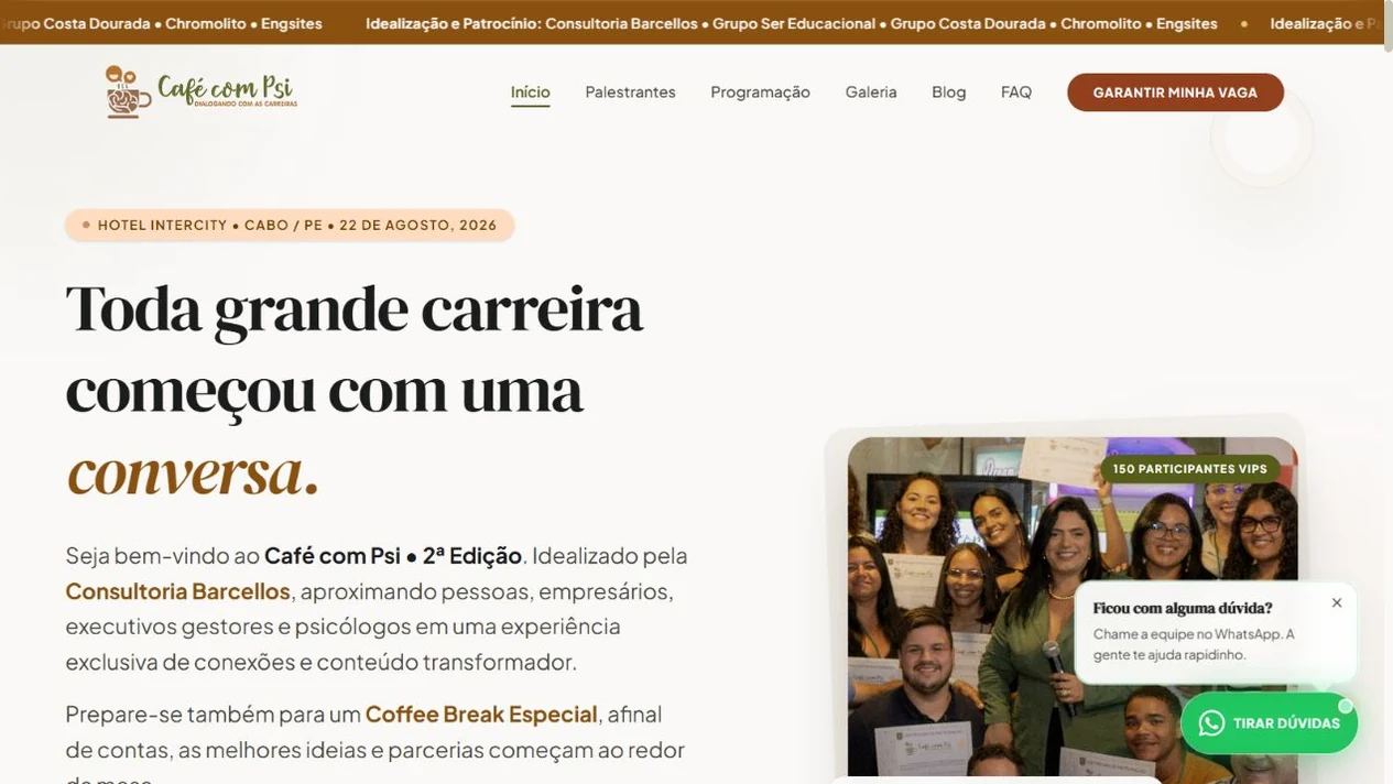 Página inicial do site Café com a Psi