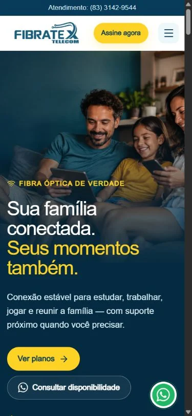 Versão de celular do site Fibratex, com planos e consulta de disponibilidade acessíveis na abertura.