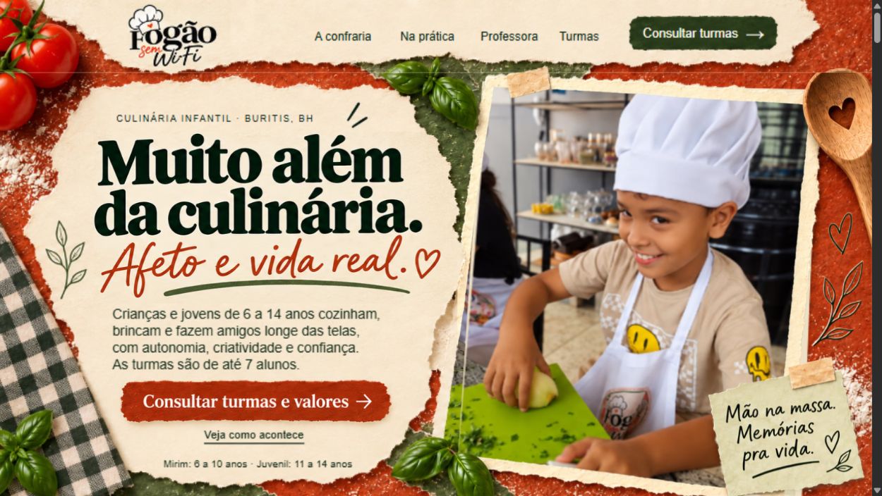 Página inicial do site Fogão sem Wi-Fi, com identidade artesanal e fotografia de um aluno na cozinha